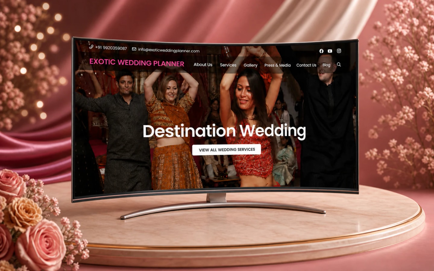 Exotic Wedding Planner website displayed on a curved desktop screen