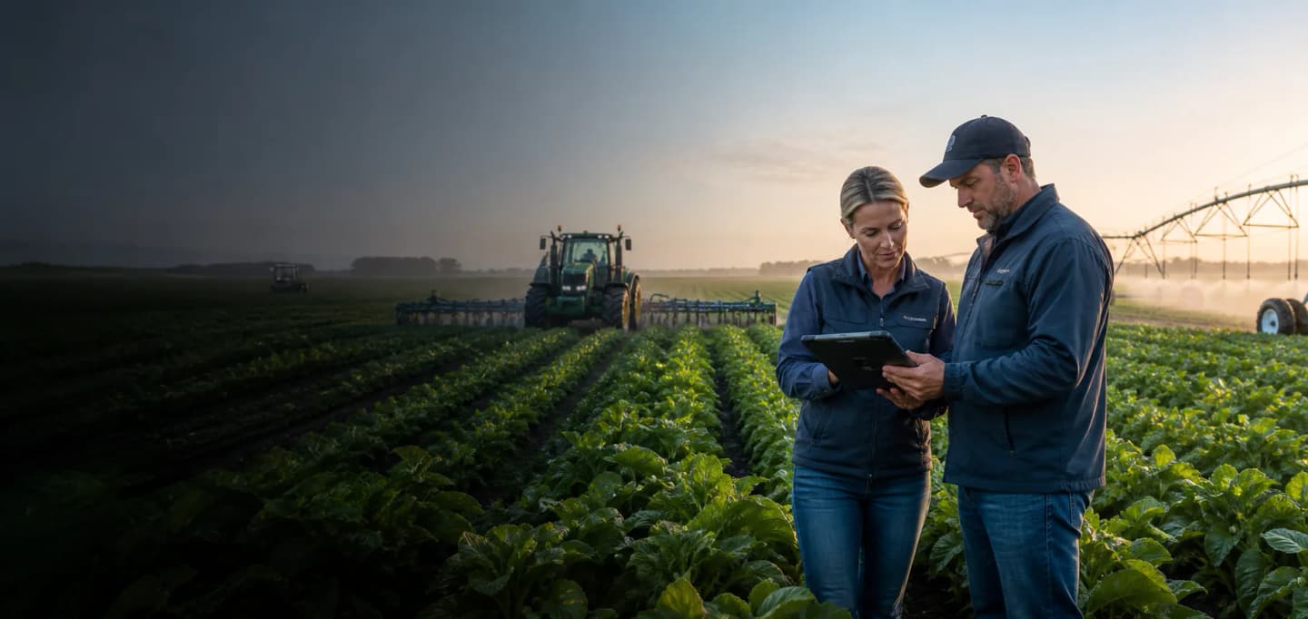 Farmers using a tablet in a precision agriculture field