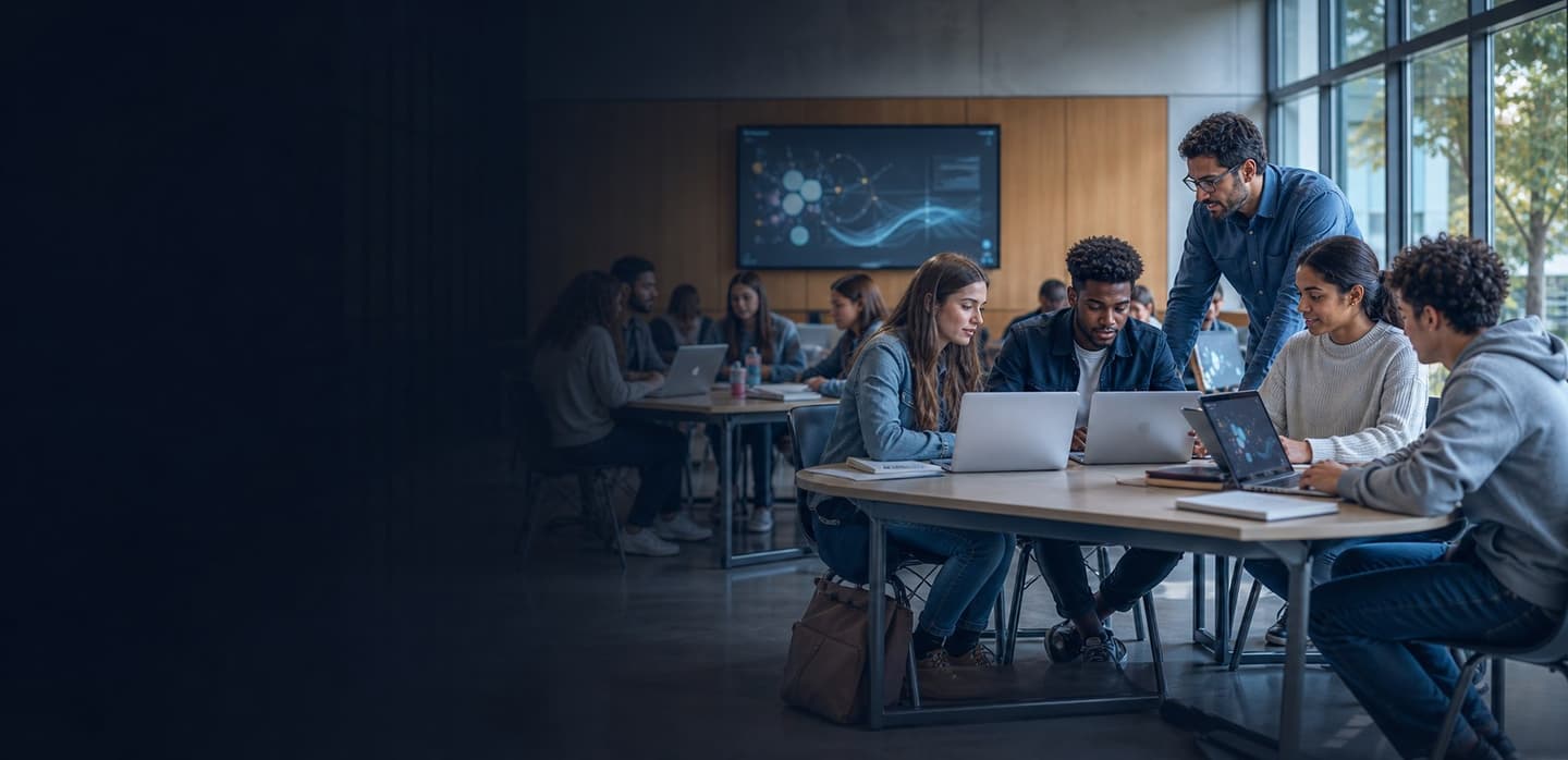 Teacher supporting university students collaborating with laptops in a modern classroom