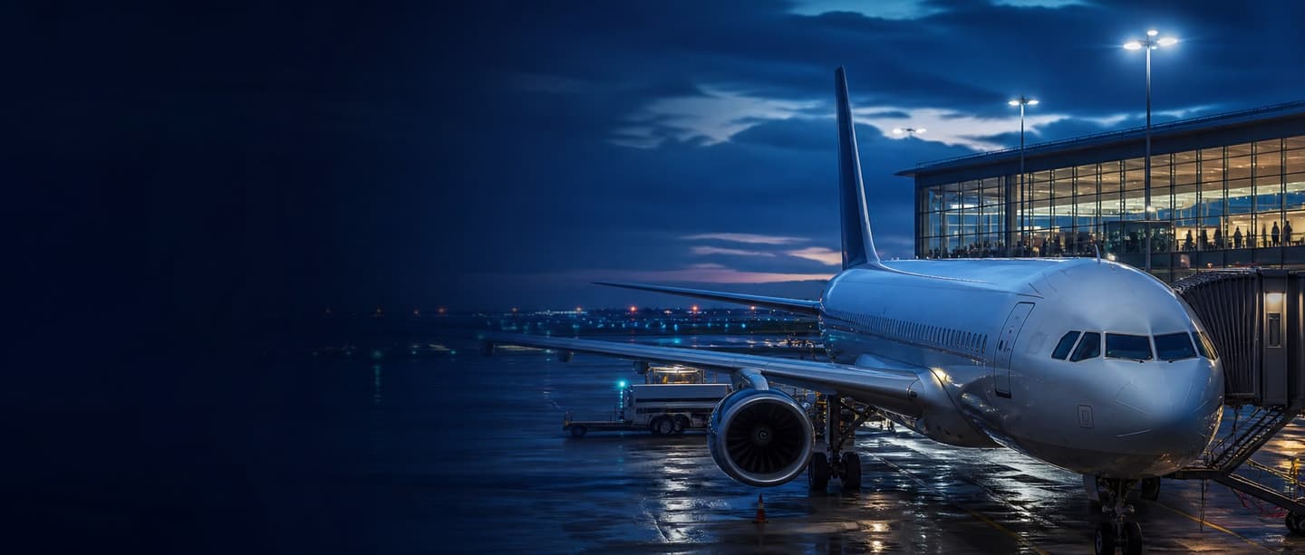 Modern passenger aircraft at an international airport terminal at blue hour