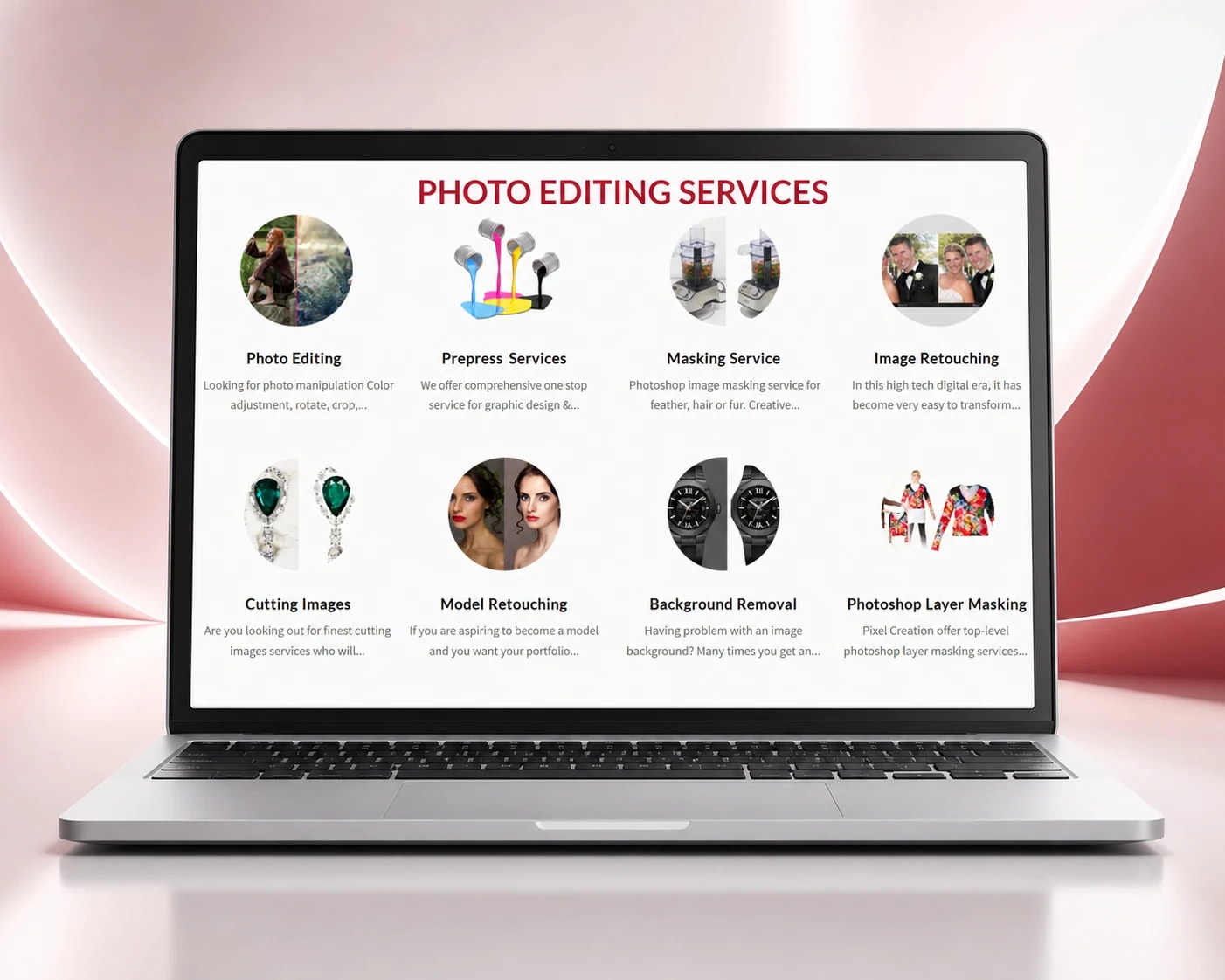 Pixel Creations photo-editing website displayed on desktop and mobile screens