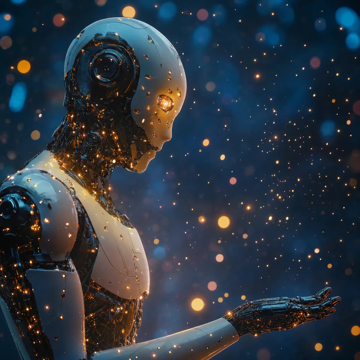 Humanoid robot holding out its hand amid glowing particles