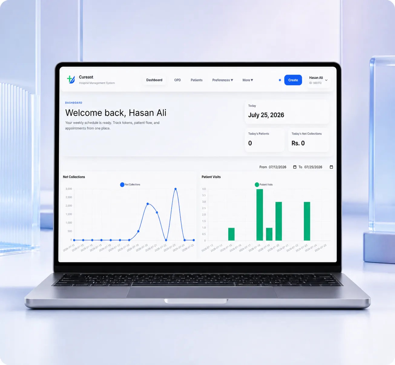Cureast hospital management dashboard displayed on a laptop