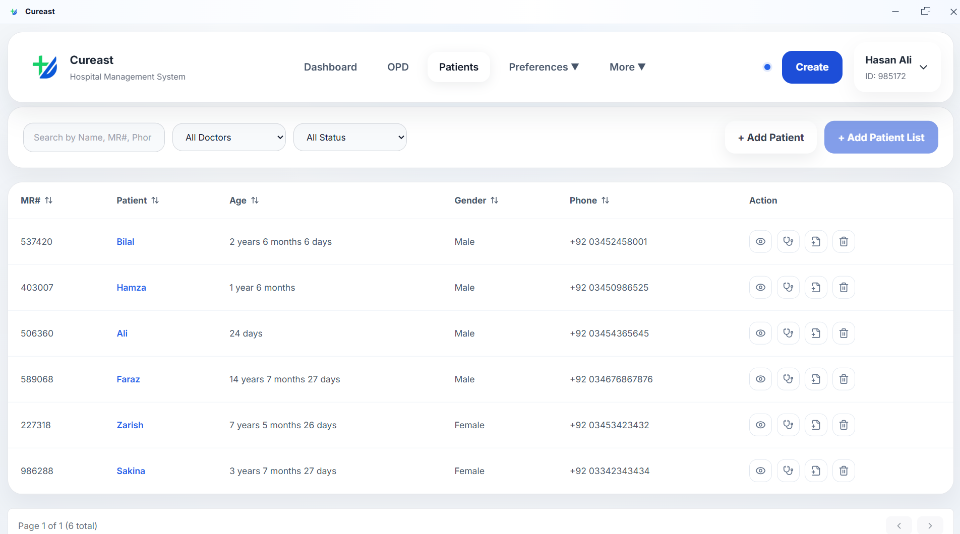 Cureast patient directory with search, filters, and patient actions
