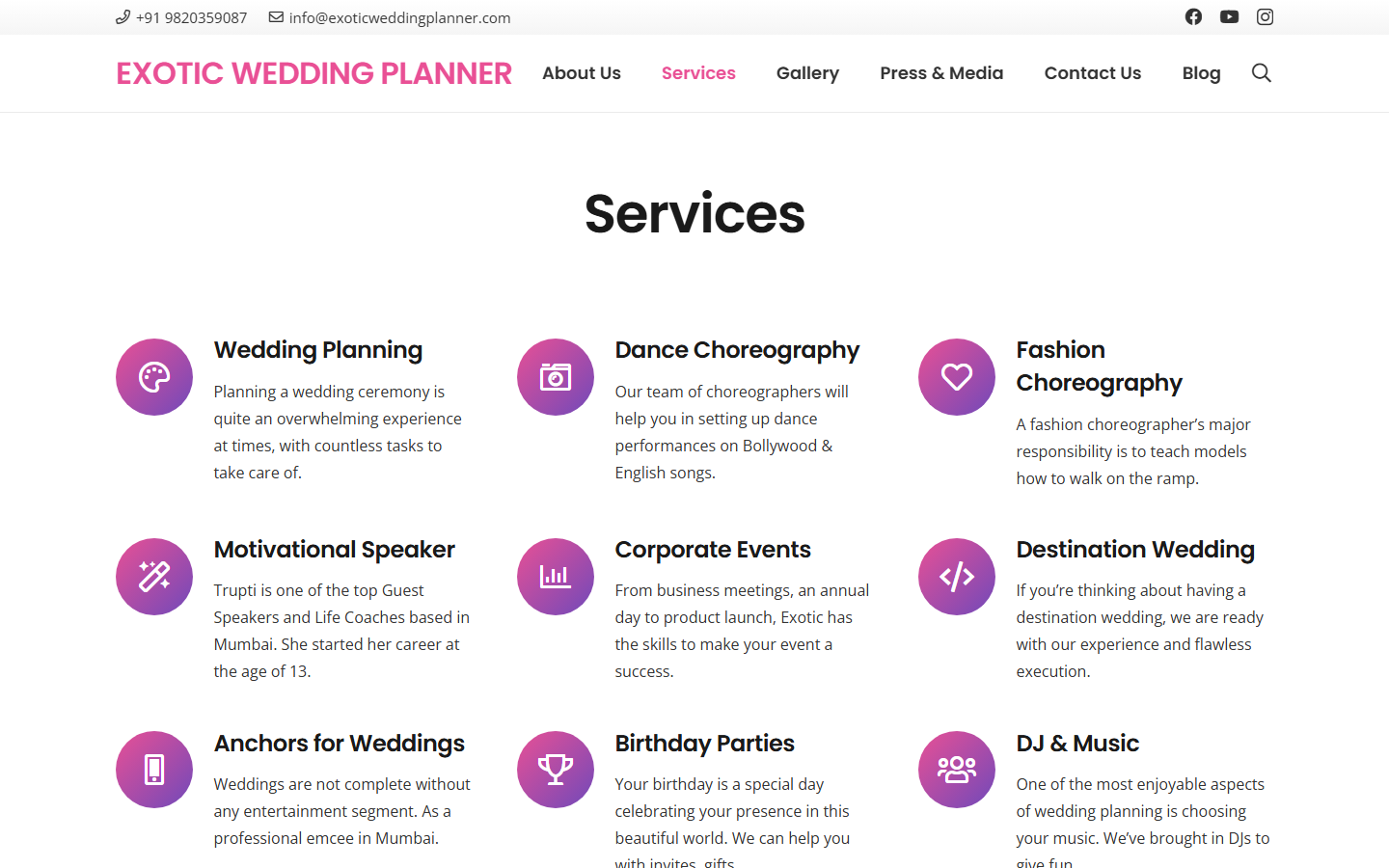 Exotic Wedding Planner services page