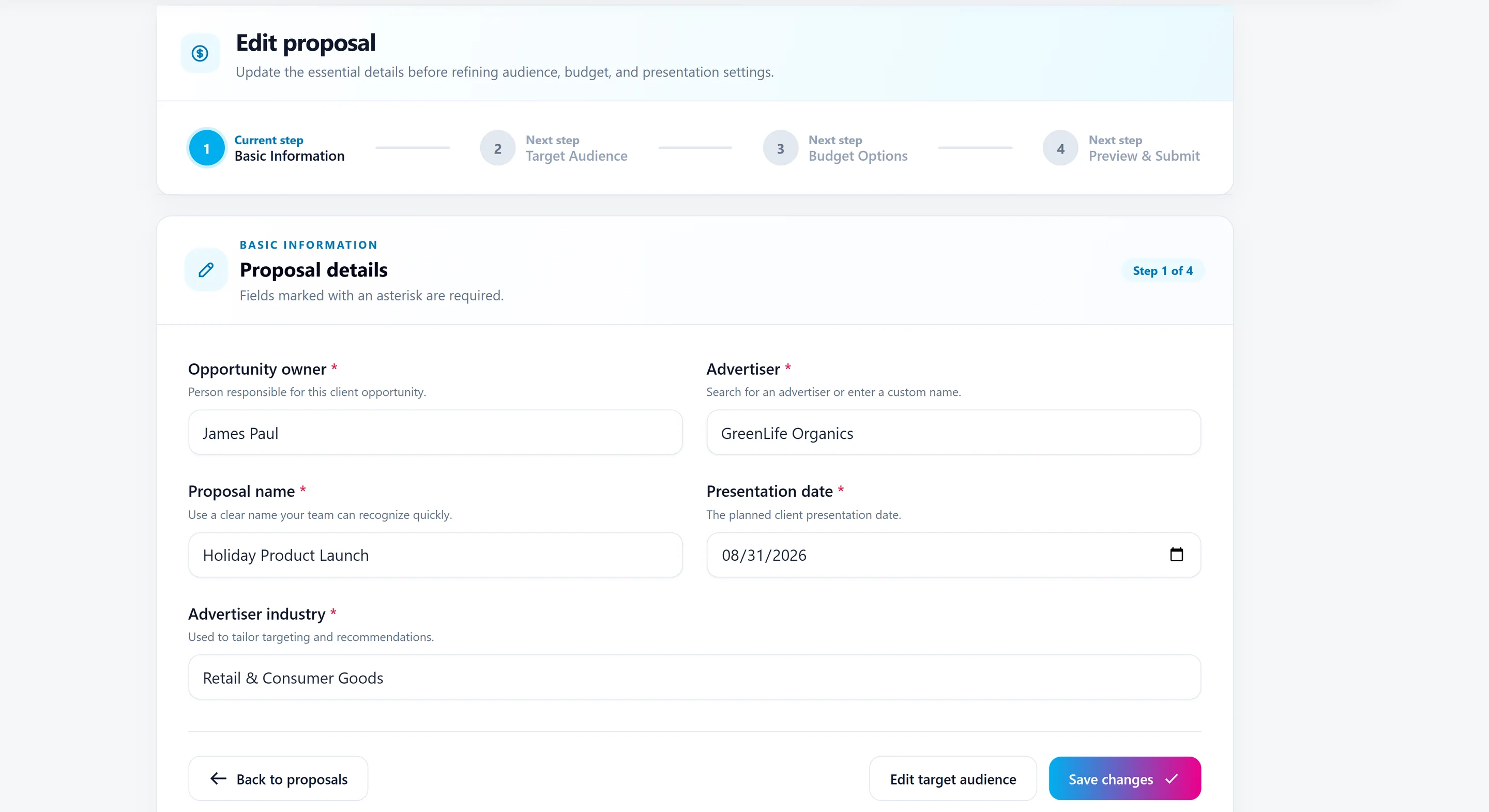 Impressorium proposal editor with a four-step workflow and client opportunity fields