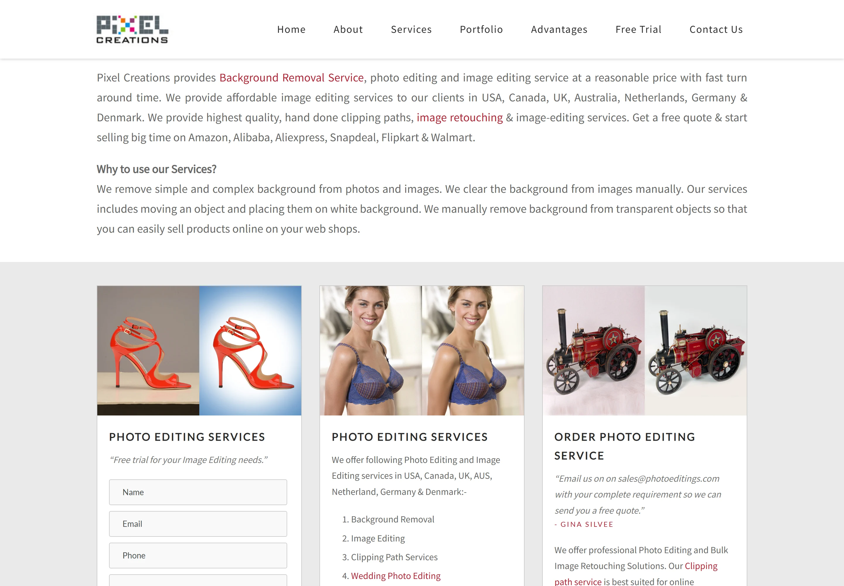 Pixel Creations PhotoEditings homepage with service introductions and enquiry forms