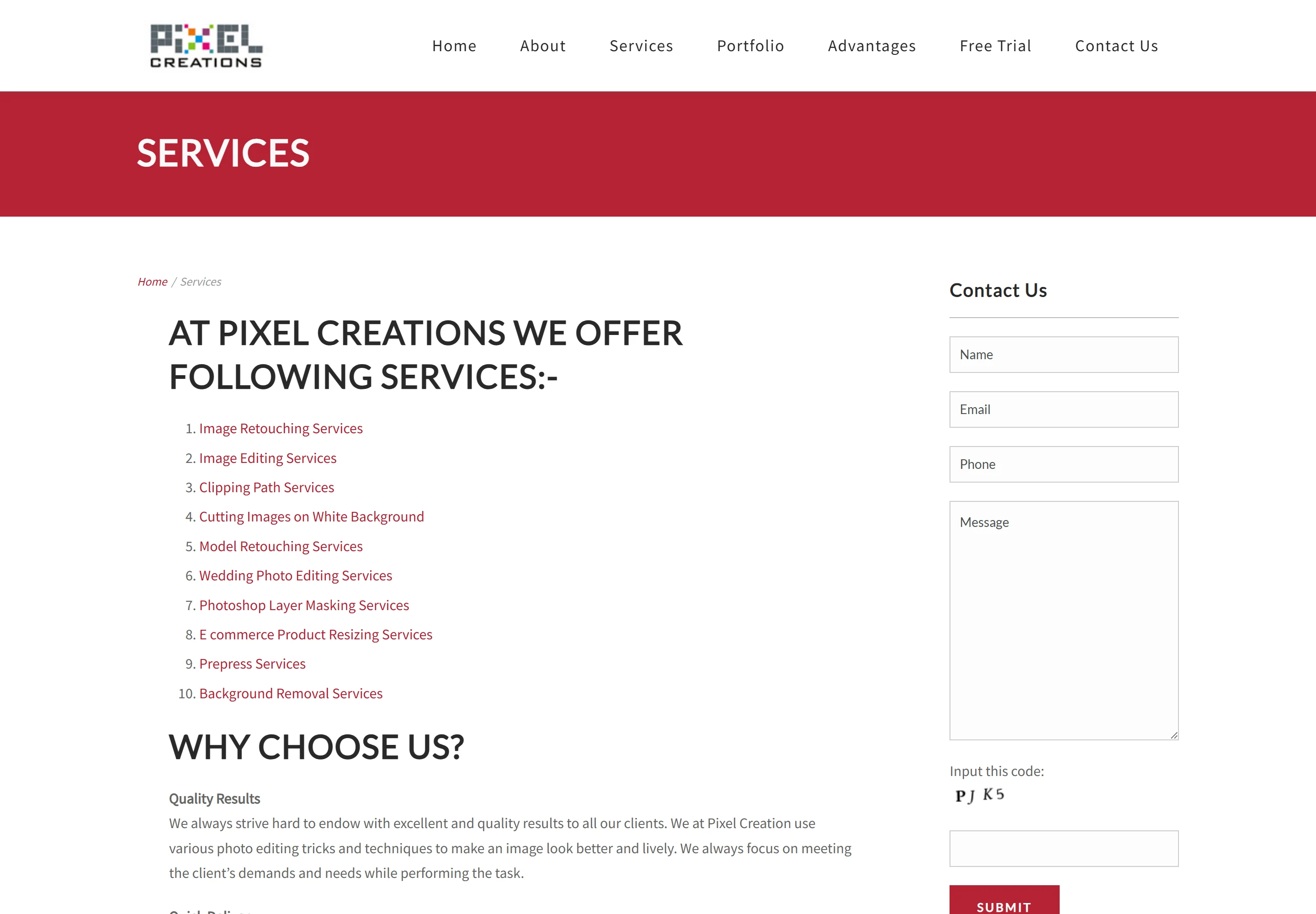 Pixel Creations services page listing photo-editing capabilities and an enquiry form